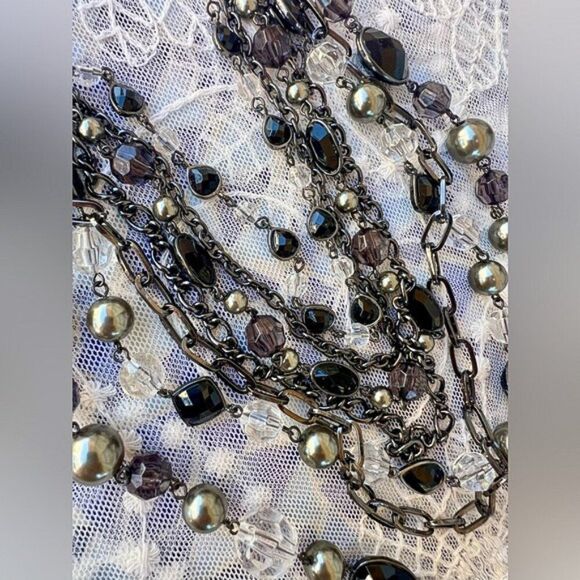 Multi-Layered Black Gunmetal & Silver Multi-strand Beaded Waterfall Necklace - Picture 2 of 12